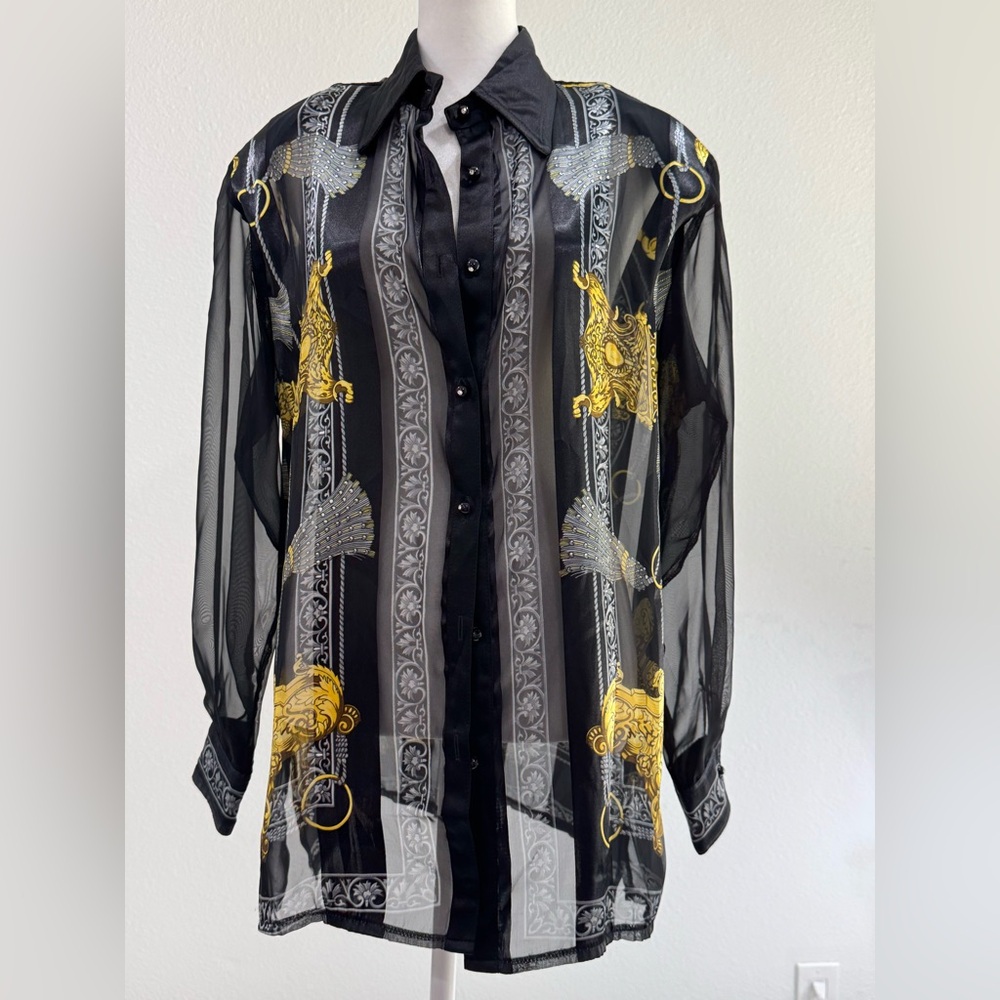 Mesmerize Baroque Sheer Long Sleeve Button Up Shirt Made in USA Sz M